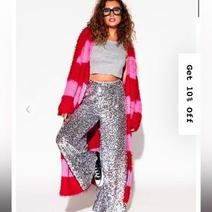 NWT Dressed in LALA I Love Me Longline Fuzzy Cardigan in Pink + Red S/M